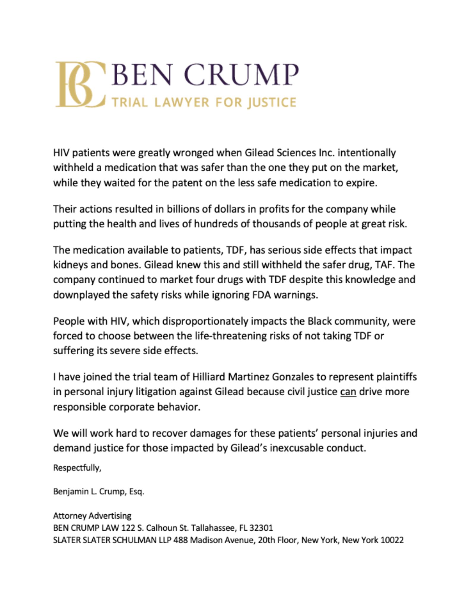 Ben Crump Press Release - Gilead