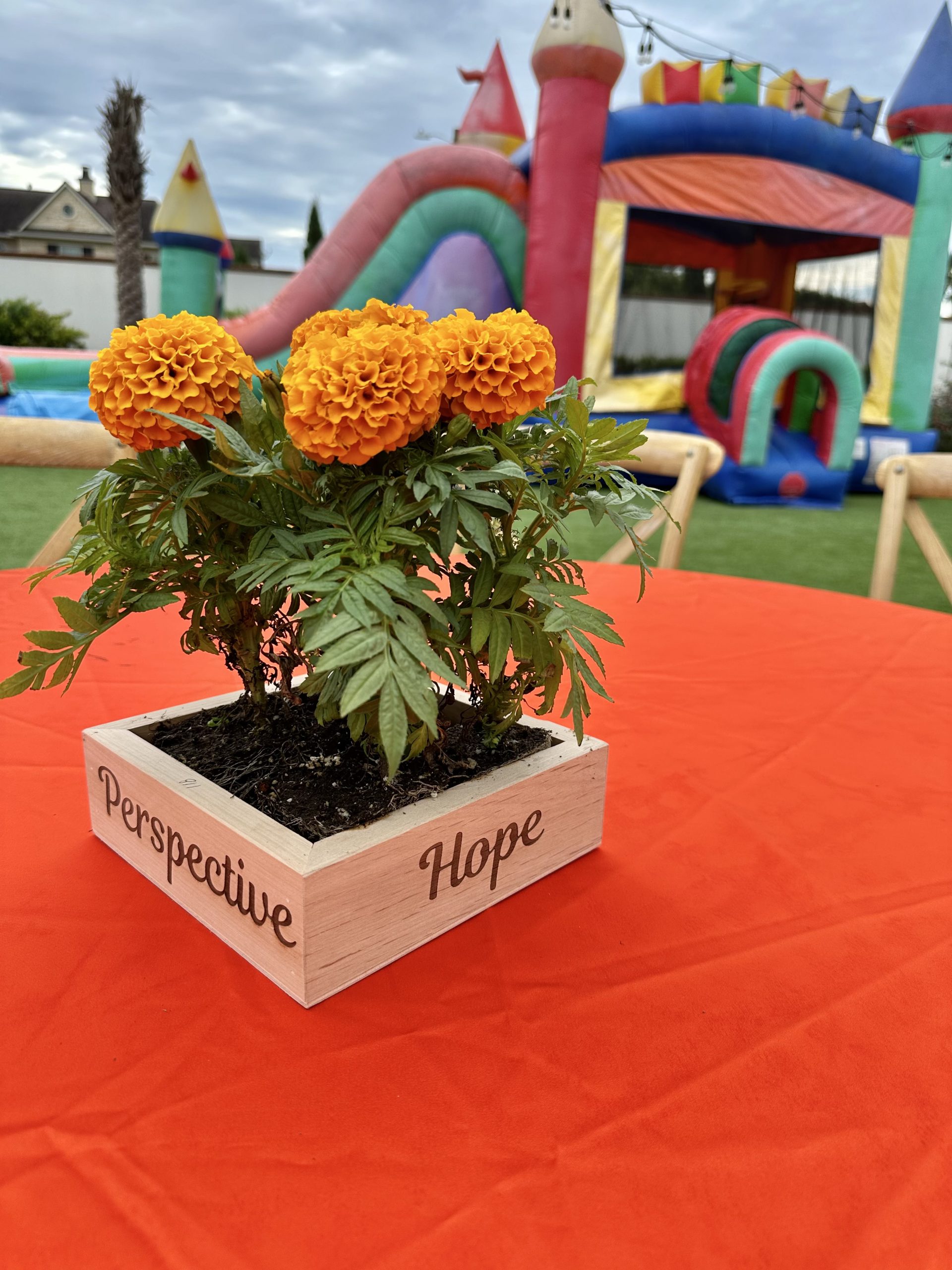 Image of orange marigolds in a wooden planter. There is a colorful bounce house in the background.