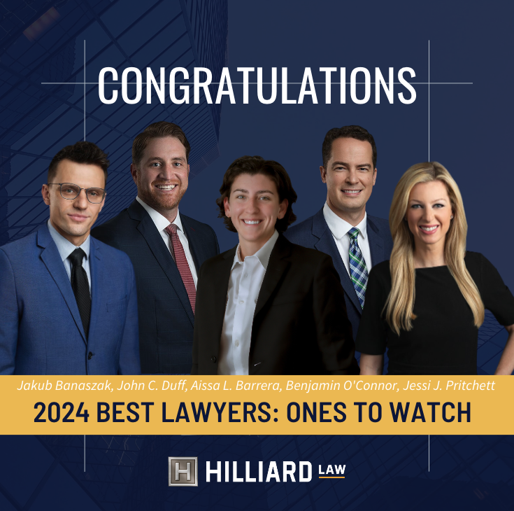 Image reads Congratulations across the top. Pictured are 5 attorneys who were named Best Lawyers: Ones to Watch 2024, and the hilliard law logo on the bottom. 