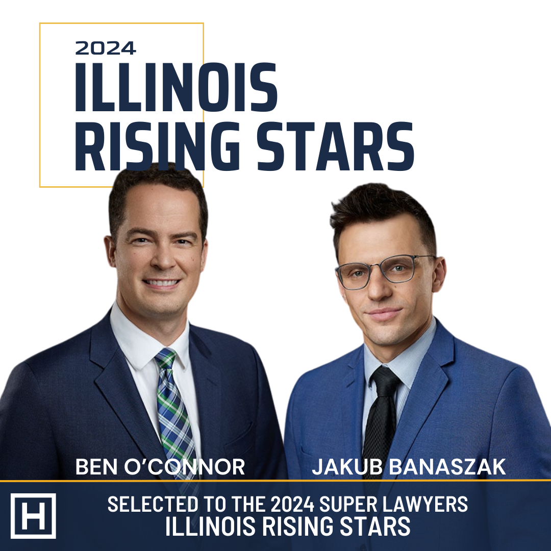 2024 Illinois Rising Stars Announcement. Photo shows professional headshots of two men in blue suits. Caption reads Ben O'Connor and Jakub Banaszak selected to the 2024 Super Laywers Illinois Rising Stars.